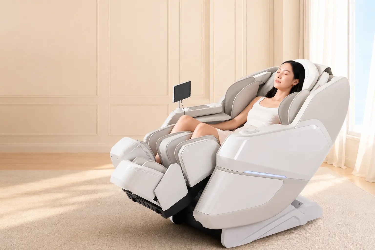 relaxing in the Zero Healthcare Ranger 9 massage chair at home with full-body massage technology