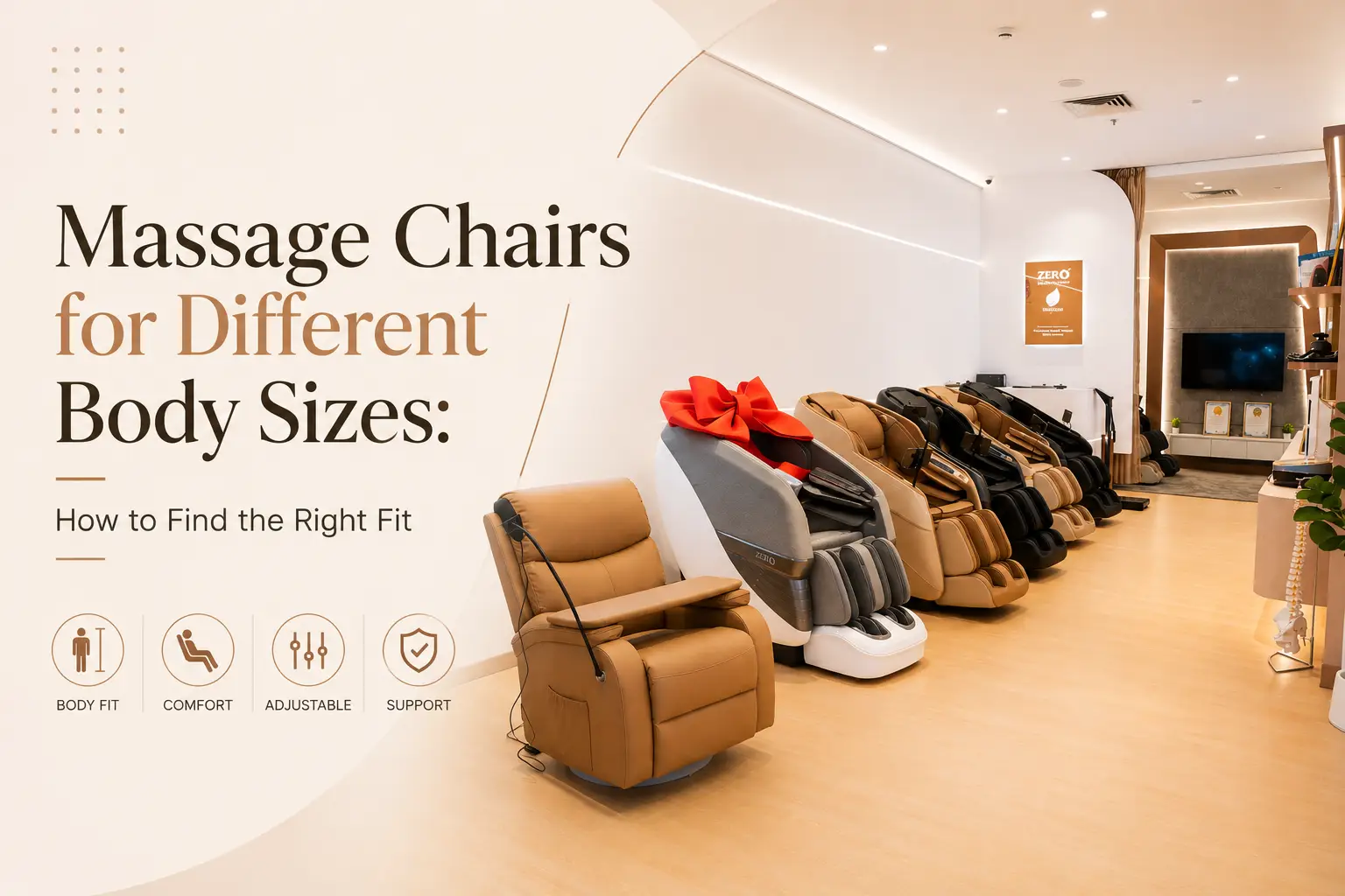 Zero Healthcare massage chair showroom featuring different chair sizes and designs to help customers find the right fit.