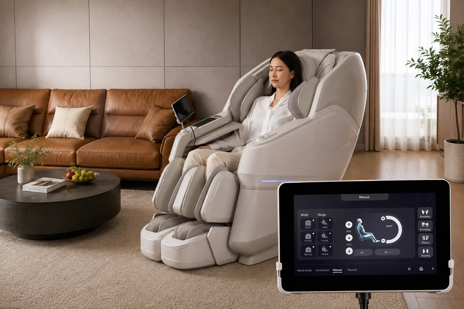 Woman relaxing in a ZERO Healthcare Ranger 9 massage chair at home with a touchscreen displaying massage program controls.