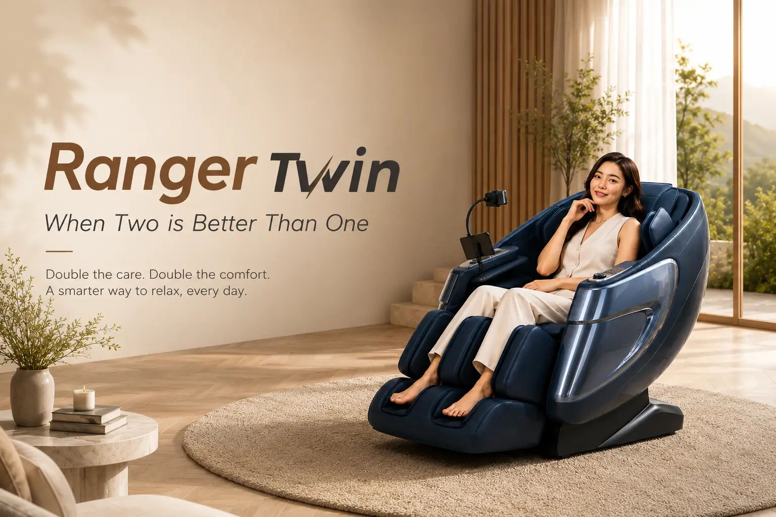 Ranger Twin massage chair in a modern home setting, featuring a dual massage mechanism design for a comfortable full-body relaxation experience.