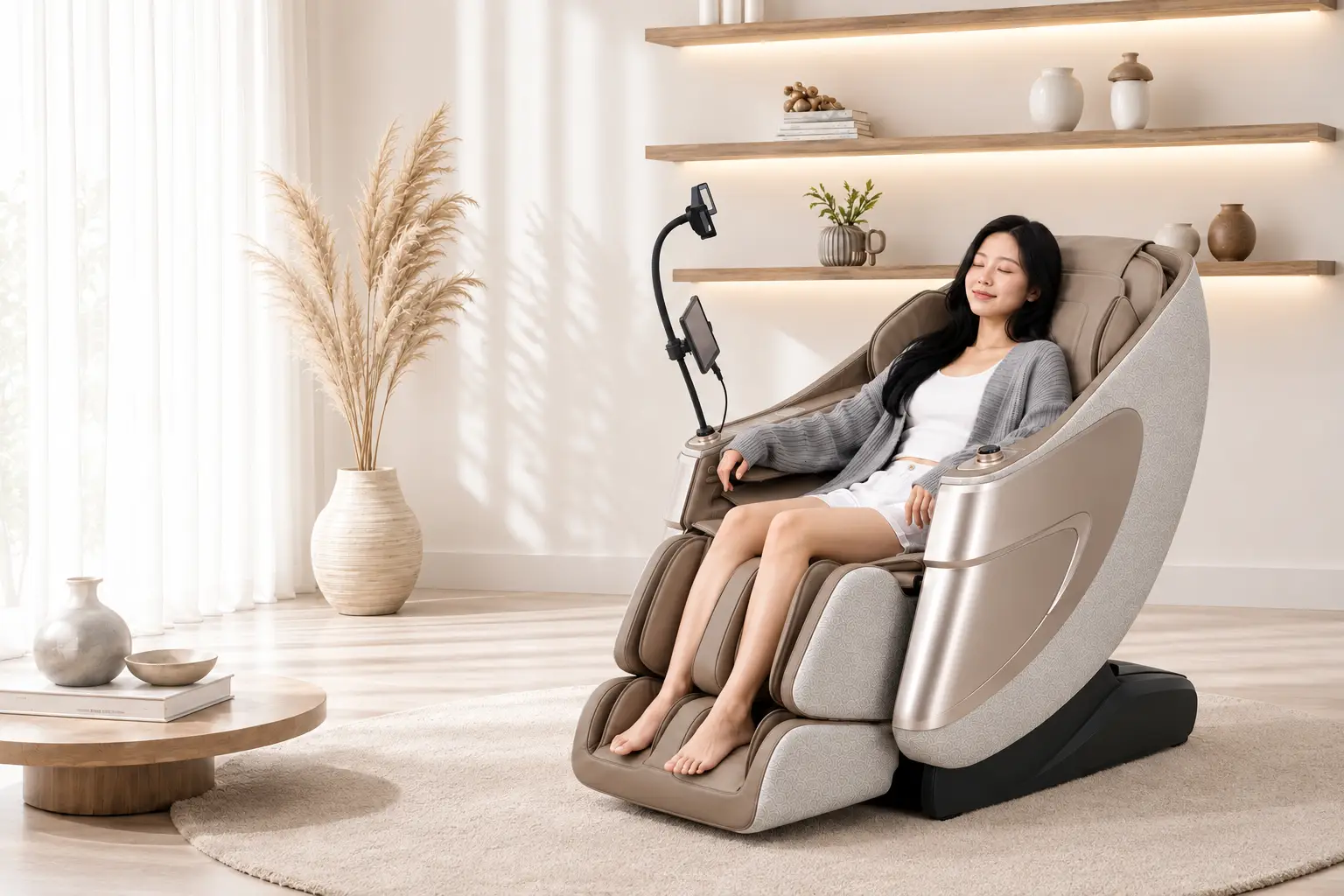Asian woman relaxing in a Zero Healthcare Ranger Twin massage chair in a bright modern home.