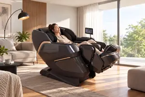 **ALT Text:** Asian woman relaxing in a full body massage chair in a modern sunlit home
