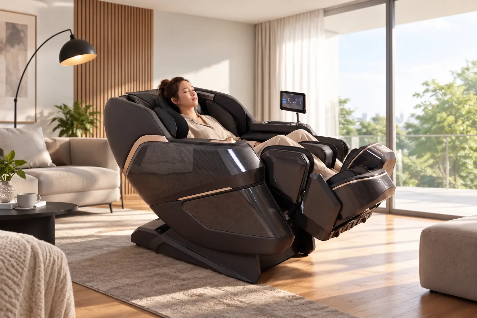 **ALT Text:** Asian woman relaxing in a full body massage chair in a modern sunlit home