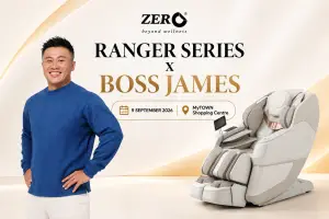 Boss James with Zero Healthcare Ranger Series massage chair at the Grand Launch event in MyTOWN Shopping Centre.